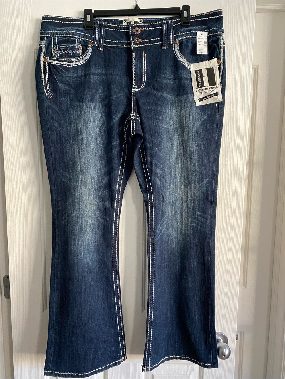Dark Blue Boot Cut Jeans with Contrast Stitching